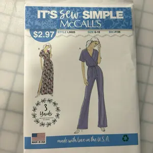 McCall's 9505 Sewing Pattern - It's Sew Simple Style L9505 Size 6-18 Bin #106 Made in USA 3 Yards