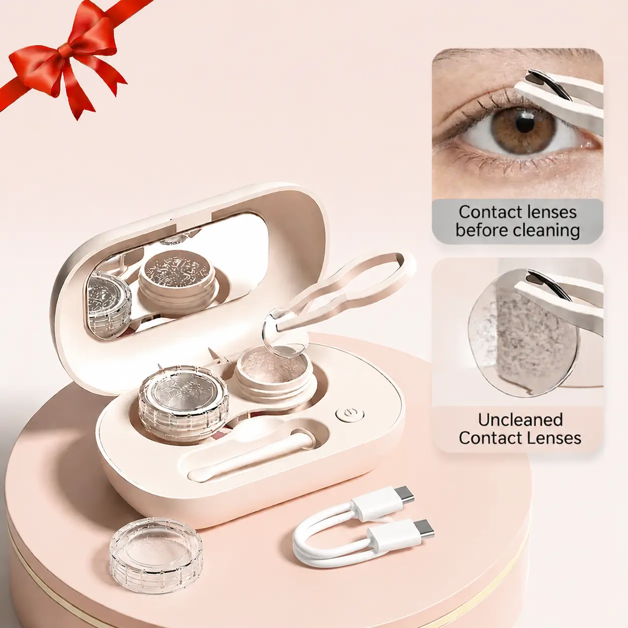 Plastic Ultrasonic Contact Lens Cleaner Kit - Mini-Sized Deep Clean Tool Set with Leak-Proof Storage Case, Built-In Mirror, Insert/Remove Tools, Premium Wear-Resistant Material, Pink Travel Gift (1 Set)