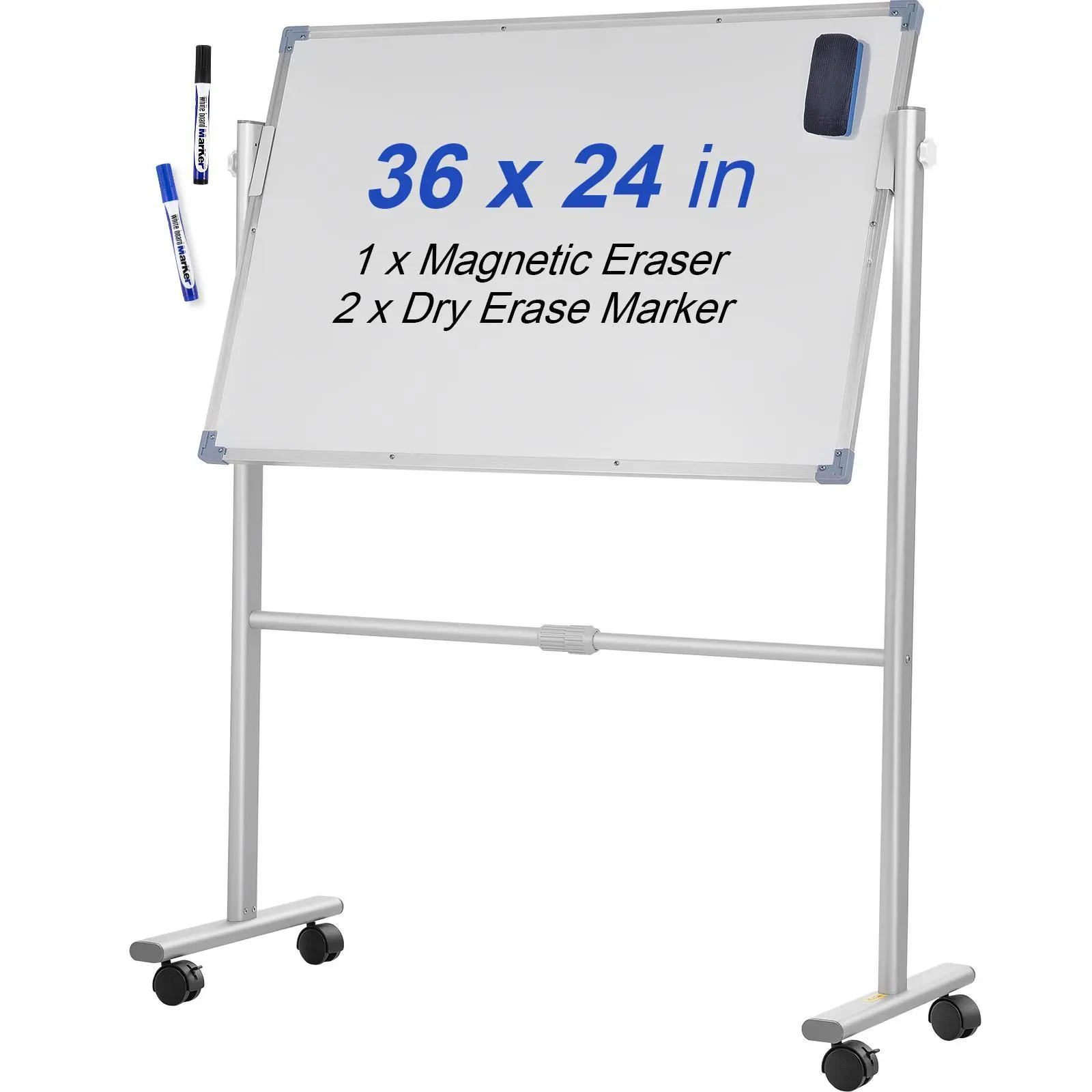 【Backtoschool】VEVOR Mobile Magnetic Whiteboard, 36 x 24 Inch, Double Sided, 360 Degree Reversible Rolling Dry Erase Board, Height Adjustable with Aluminum Frame and Lockable Swivel Wheels, for Office School Home
