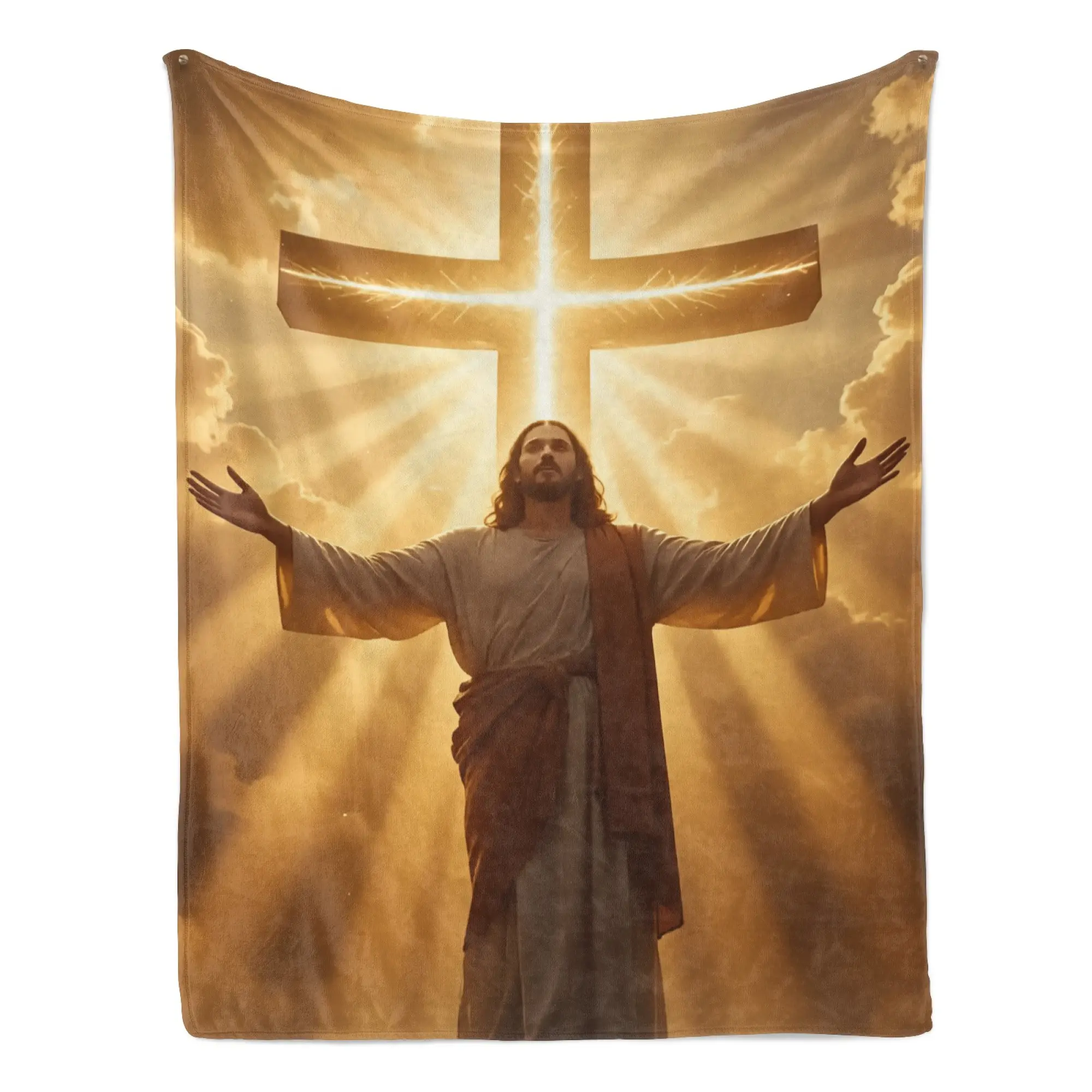 Faith-Inspired Radiant Jesus Image Flannel Fleece Cozy Throw Blanket - Soft Fluffy, Golden Backdrop, Welcoming Outstretched Pose, Spiritual Comfort, House Decor for Cozy Lounging & Reflection, Soft Fluffy Blanket