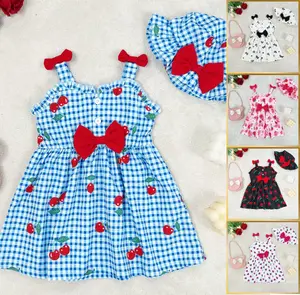 Toddler Girls' 2-Piece Cherry Outfit Set Plaid Pattern Sleeveless Summer Bow Dress & Matching Sun Hat 22503201-1