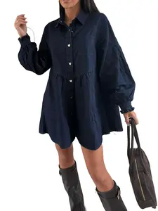 utcoco Women's Minimalist Feminine Chic Denim Tunic Shirt Dress - Long Sleeve, Heart Buttons, Oversized, Comfortable Casual Mini Dress with Pockets