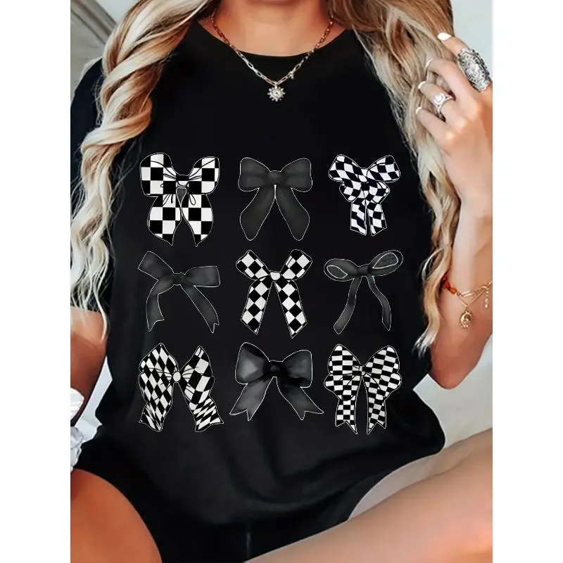 Large Size Women's Clothing, Casual Bow Print T-shirt - Short Sleeve, Round Neck, Machine Wash, Summer Spring Fashion Tops, Spring Leisure T-shirt | Round Neck T-shirt