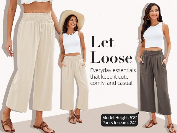 GRAPENT Texairon Linen Capri Pants for Women High Waisted Wide Leg Linen Palazzo Trousers Pull On Elastic Smock Waist Loose Flowy Pants, Women's Clothes, Linen Pants Women,summerwins,summeroutfits,vacationoutfits,beachoutfits