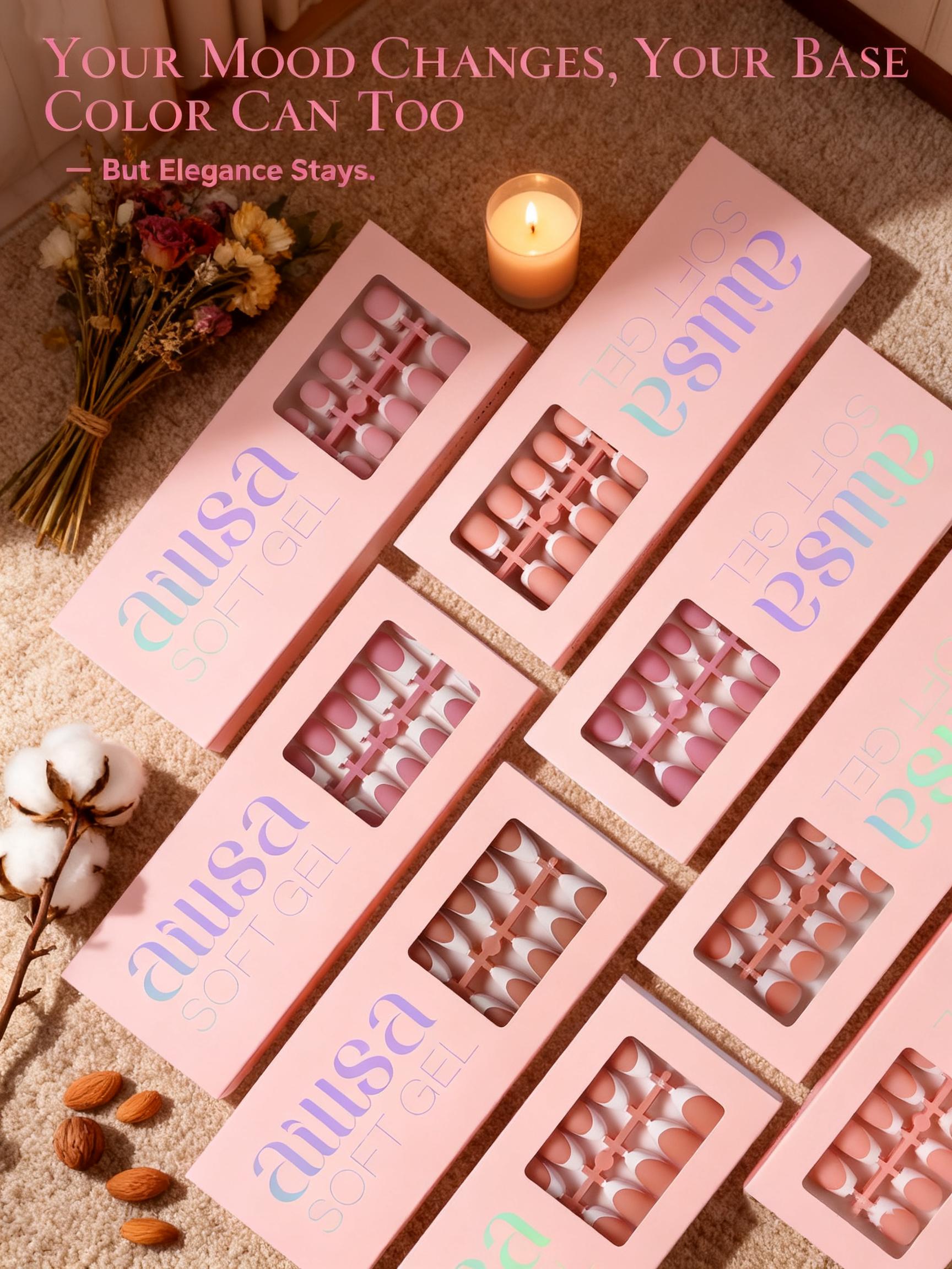 AILLSA Cozy French Press-On Kit with Chrome Powder, 5 Base Colors, 30g Hold Strong Solid Gel Glue, Square Natural-Fit gelx Tips, Gentle DIY Press-On Fake Nails Set for Fall Tiktokshopblackfriday