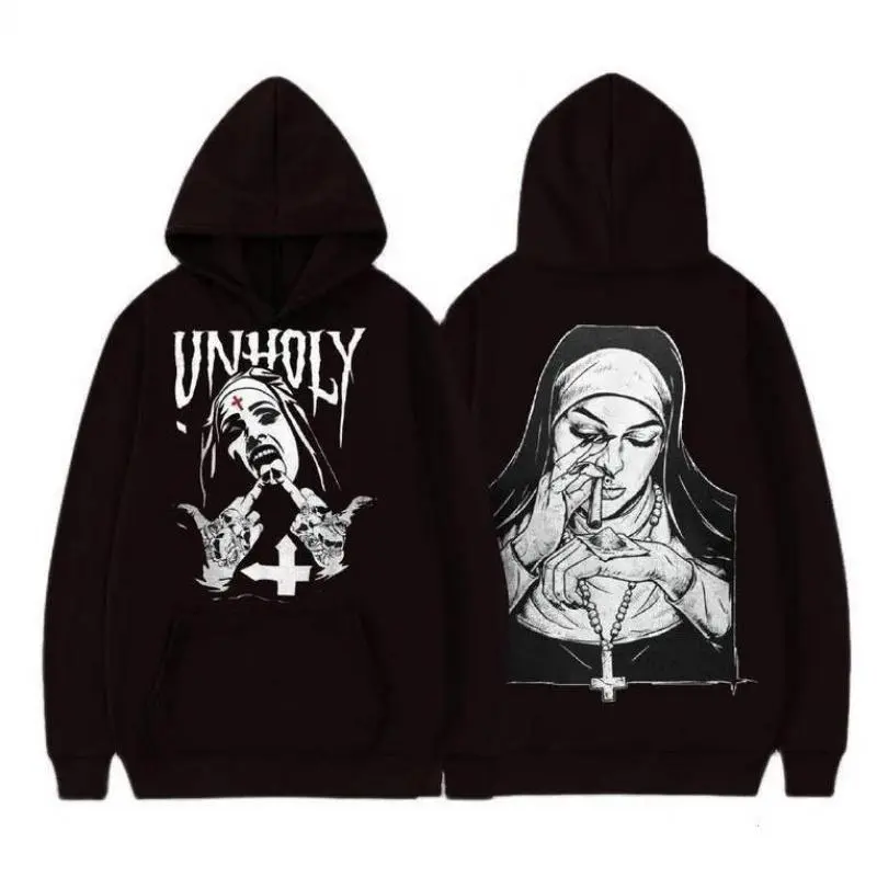 Men's Unholy Nun Print Hoodie - Menswear Edgy Gothic Streetwear, Casual Cotton Sweatshirt for Alternative Fashion Lovers with Bold Artwork & Hood Design, Sweatshirts, Graphic Hoodie, Sleeve, Alt Clothes, Gothic Graphic, Stand Out, Alt Men's Hoodies