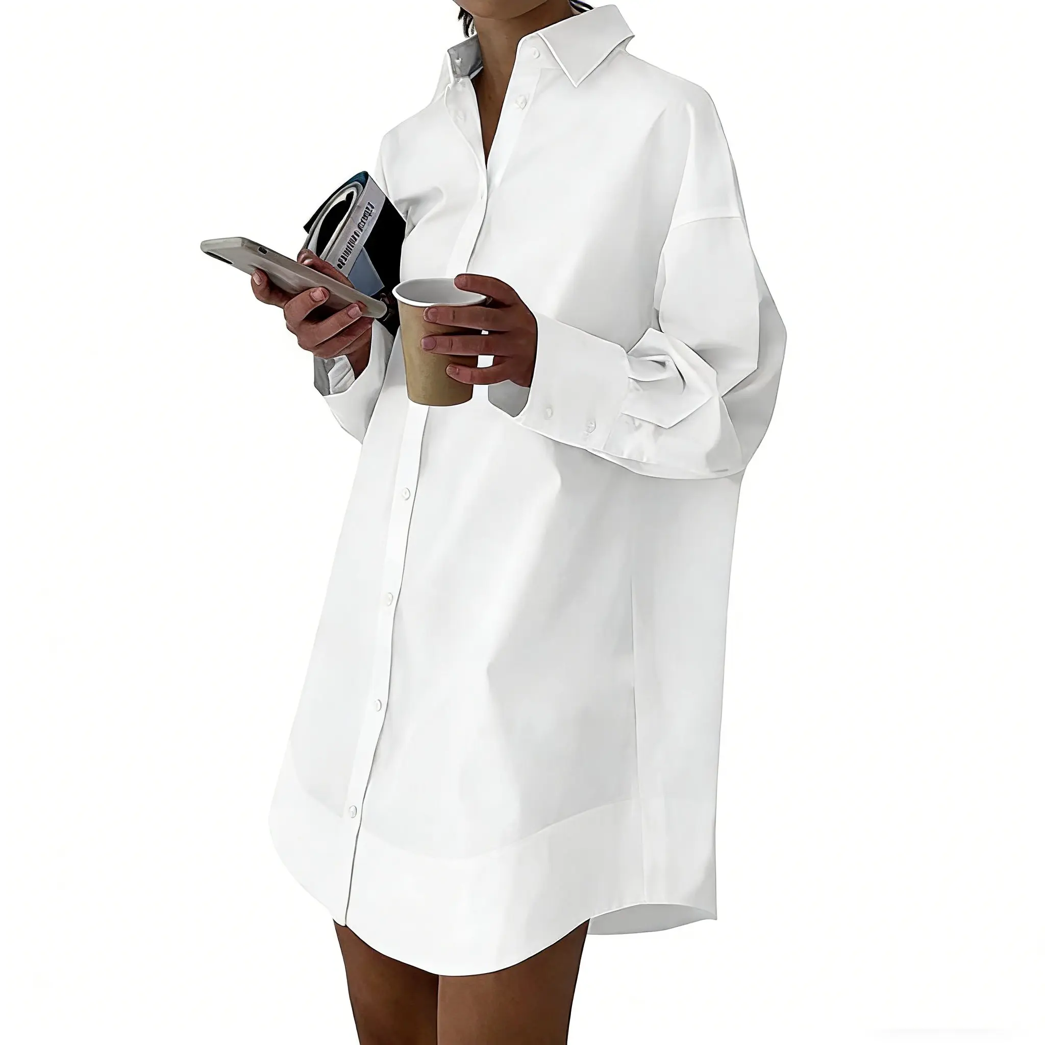 COCCKO Women's Long-Sleeve Button-Down Collared Shirt Dress, Soft Fabric Casual Loose Fit Above-Knee Mini, for School & Daily Wear, Plain, Elegant, XL