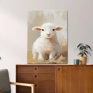 2D Flat, Cute Lamb Canvas Wall Art - High-Quality Wrapped Canvas Print, Soft Pastel Colors, Art Deco Style for Living Room, Bedroom, Bathroom, Kitchen & Home Office Decor, Bedroom Artwork, Textured Brush Strokes, Semigloss Finish, 2D Flat	