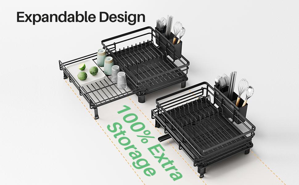 Small Dish Drying Rack - Extendable Dish Rack, Large Sink Drying Dish Drainer for Kitchen Counter, Stainless Steel Dish Strainer with Utensil Holder