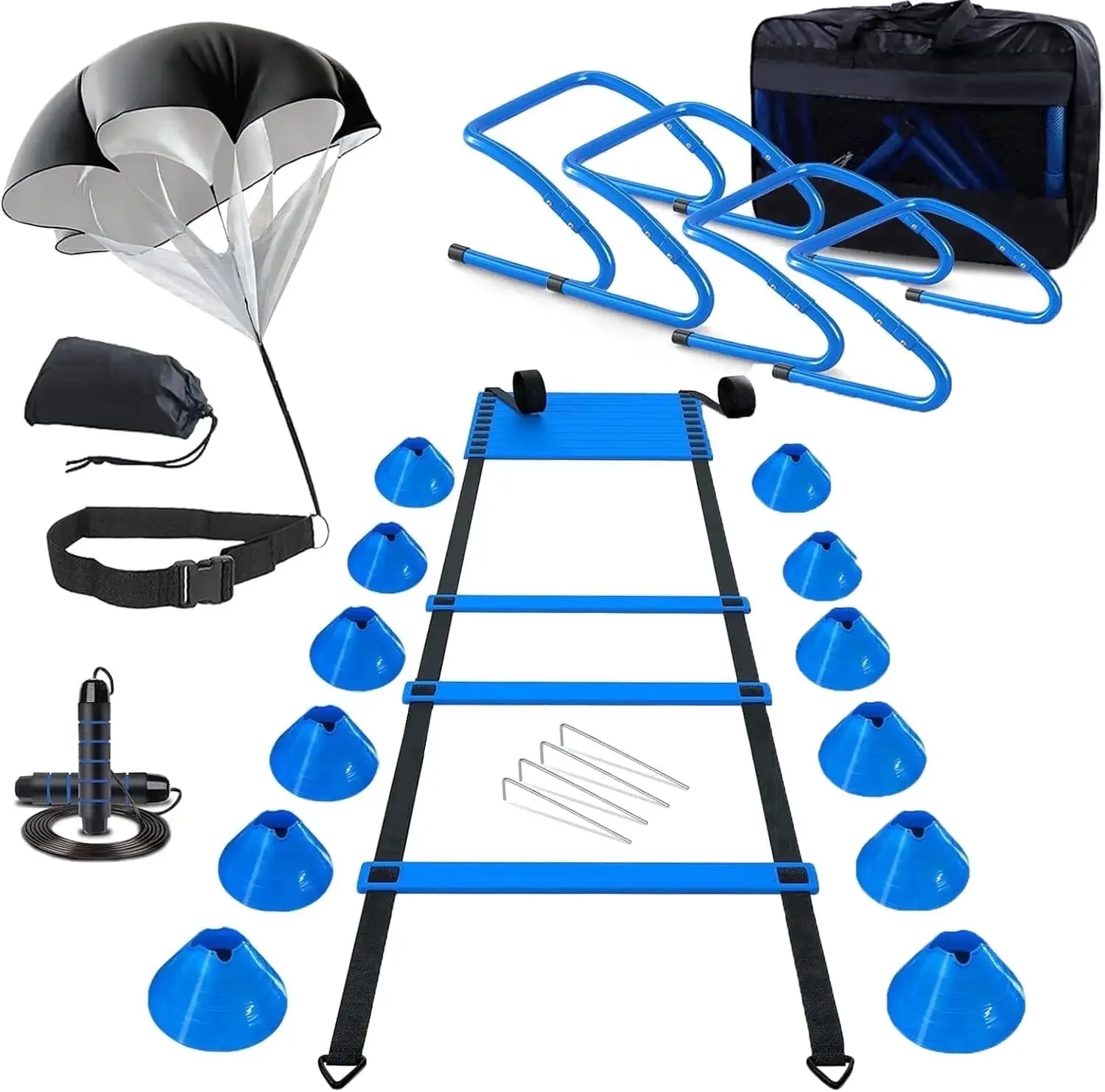 Agility Ladder, Agility Speed Training Equipment Set, 20ft Speed Ladder, 12 Soccer Cones, 4 Hurdles, Jump Rope, Running Parachute, suitable for foot movements, coordination and agility training