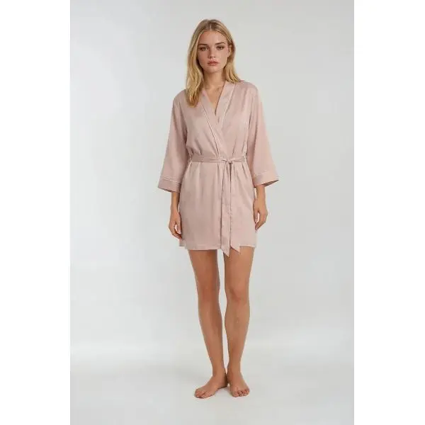 Forever 21 Women's Short 3/4 Sleeve Wrap Robe in Lightweight Modal Fabric, Breathable V-Neck Loungewear with Piped Trim