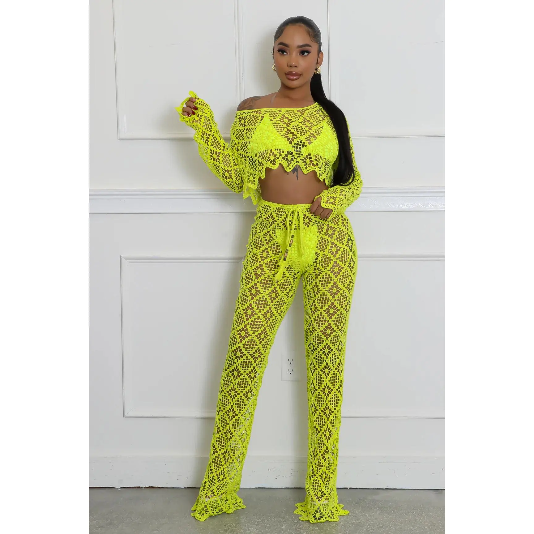 Women's Crochet Cover-Up Set, 2-Piece Breezy Outfit with Relaxed Fit Long Sleeve Shirt & High Waist Flare Pants for Beach Pool, Swimsuit Coverups, Coverups For Bathing Suits, Lightweight Cover Up, Two-Pieces