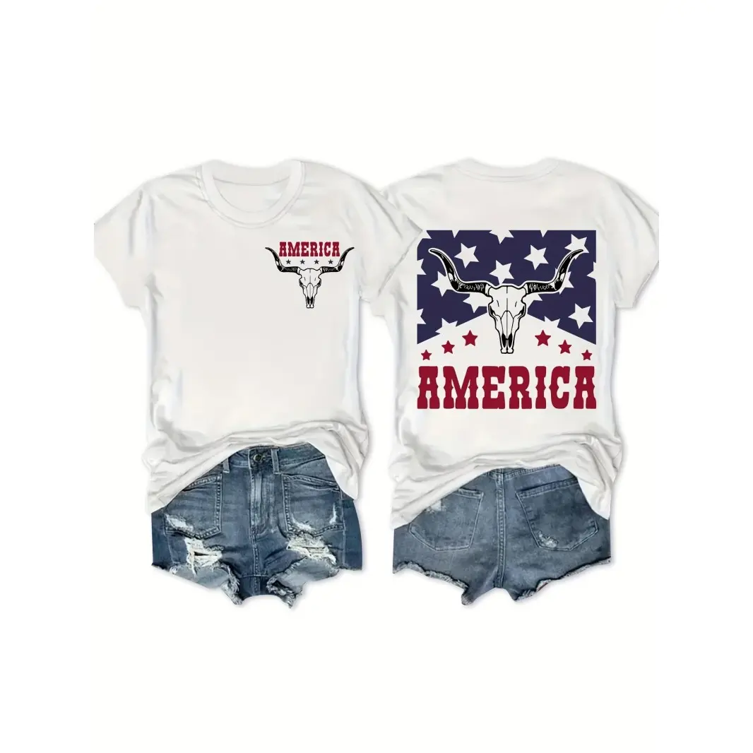 Women's Fitted Cotton Short-Sleeve Graphic Tee - Lady's Boho Western T-Shirt with America Bull Skull Star Print, Rodeo Outfit Inspo for 4th of July Country Concert Vacation Streetwear
