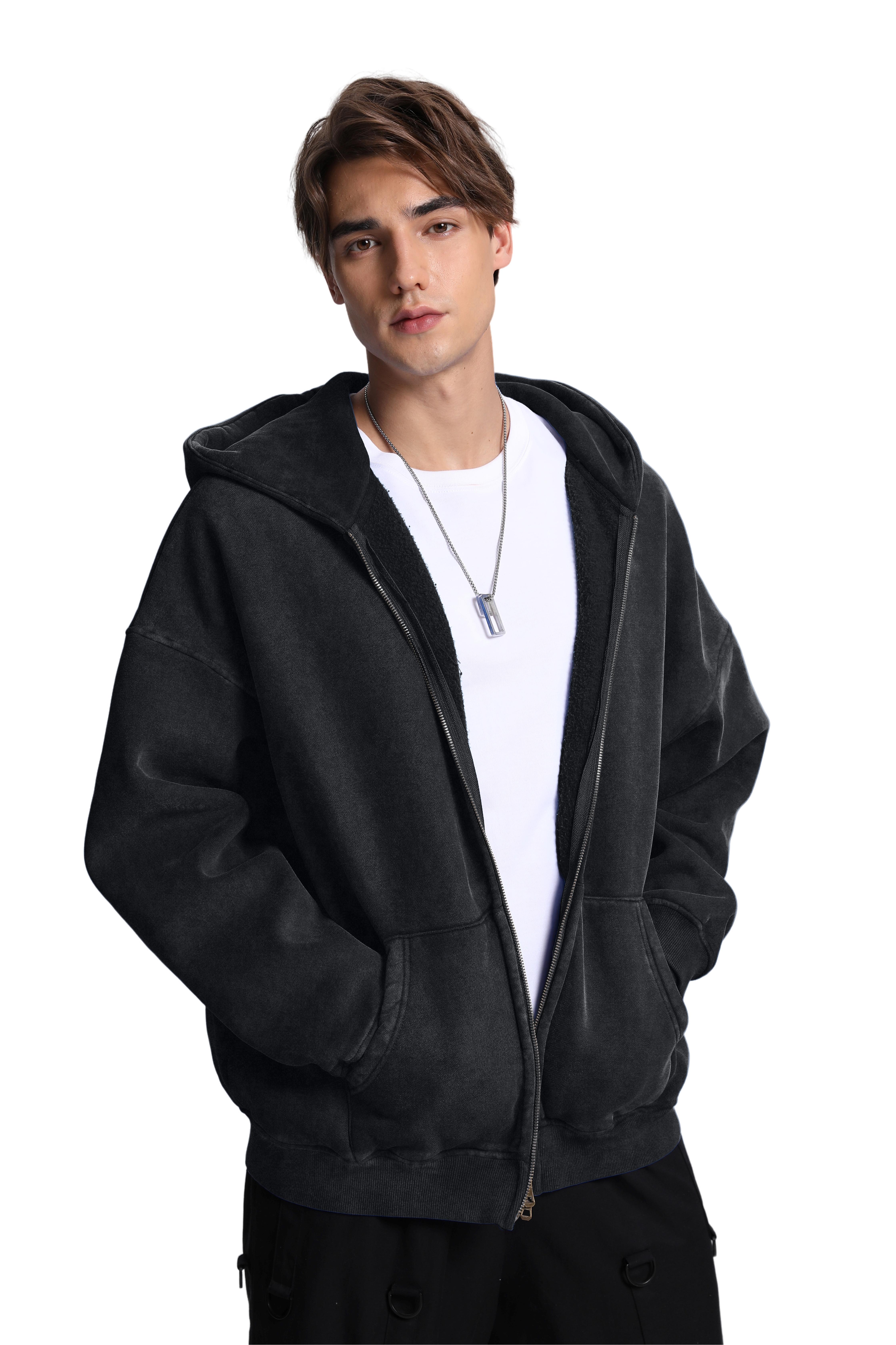 FAIABLE Unisex Double Zip Up Hoodie Oversized Acid Wash Heavyweight Fleece Cotton Zipper Hoodie Vintage Casual Soft Breathable Menswear with Pockets & Round Neck