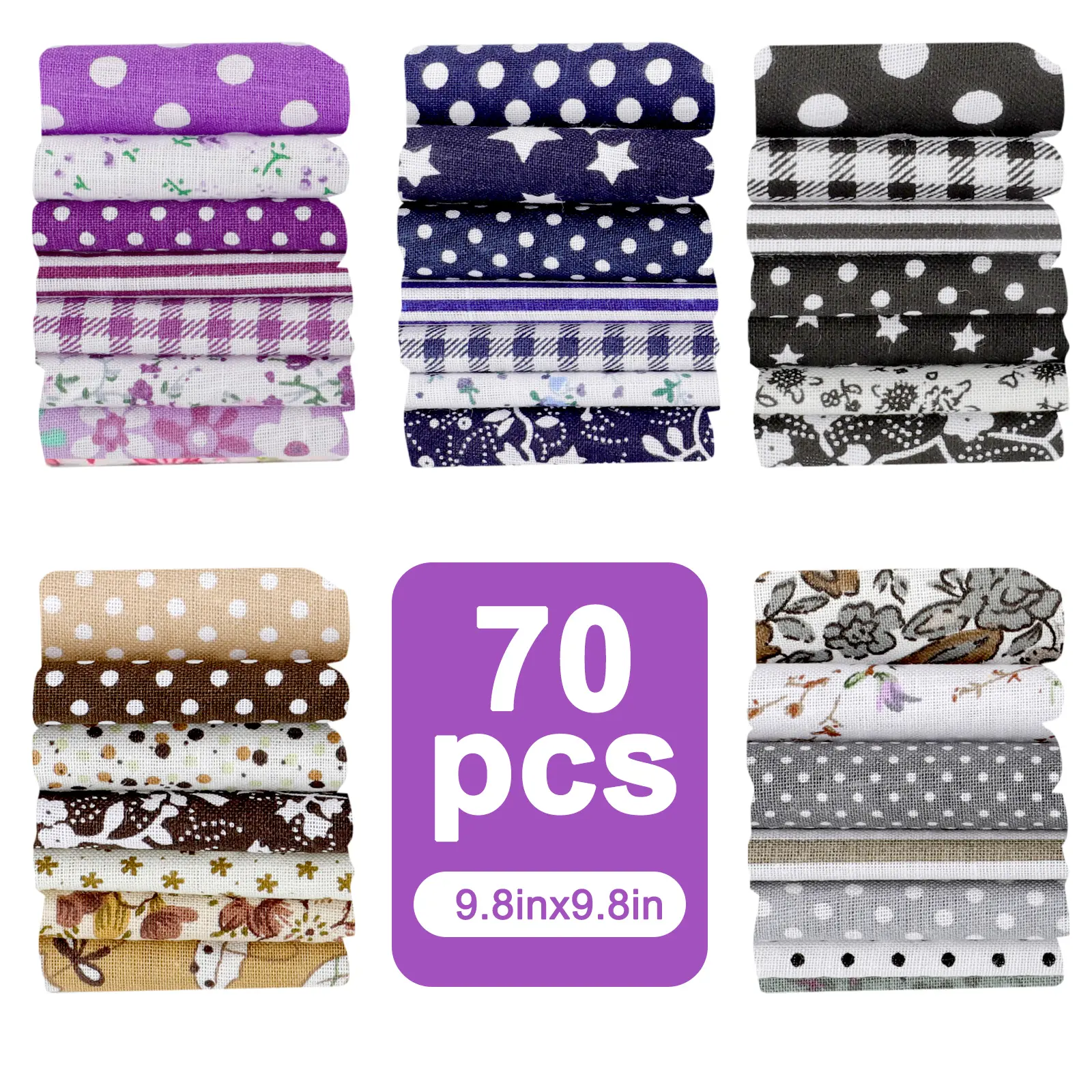 70pc Craft Bundle - Vintage Cotton Fabric Precut Squares (9.8in), Classic Floral Pattern, Precut Squares Save Time and Hassle, Made for Quilting, Decor, and Crafts, Sewing Patchwork DIY Supplies