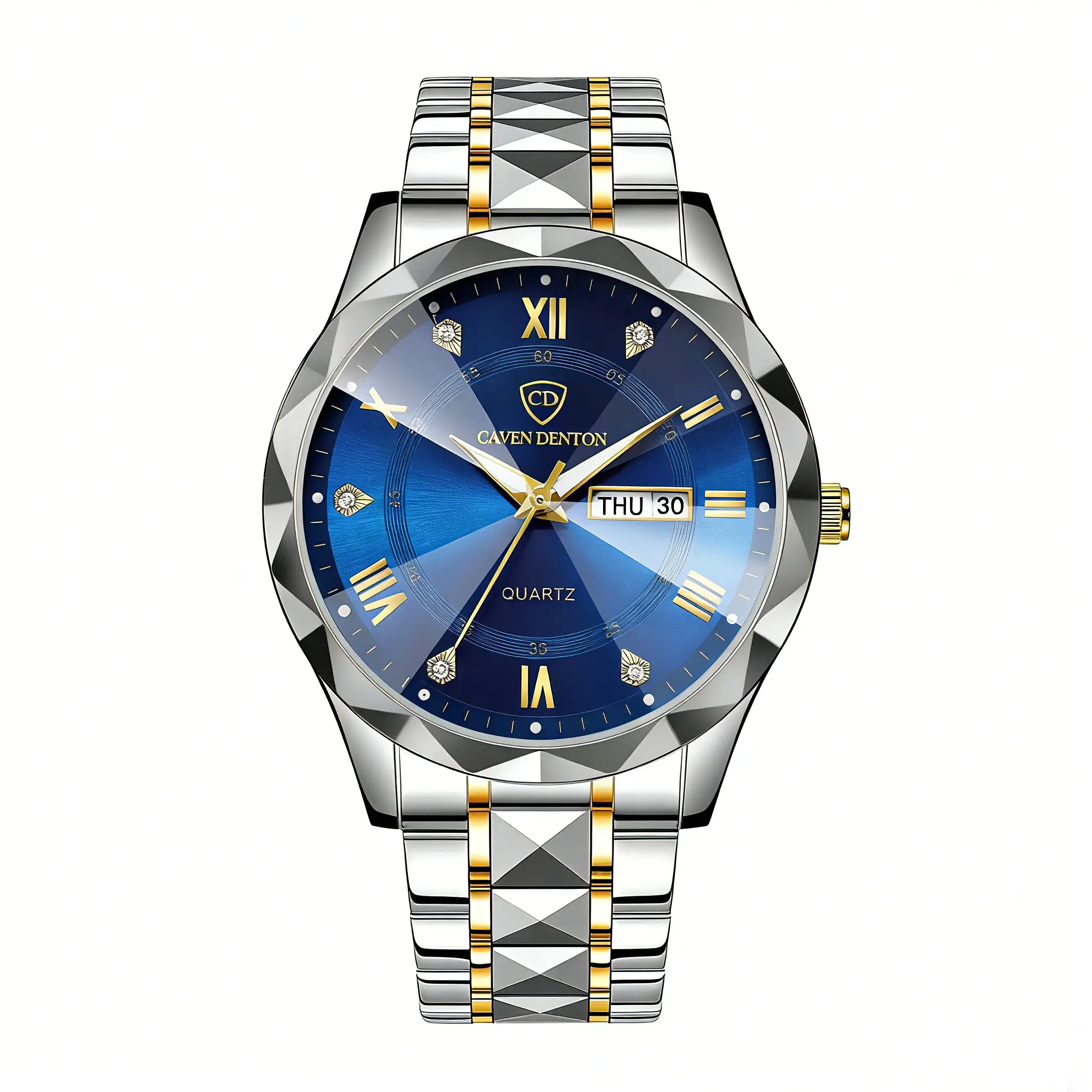Men's Business Fashion Quartz Analog Wristwear, Stainless Steel Timepiece with Luminous Blue Dial, Day-Date Calendar, and Gold Accents, Analog Quartz Movement, Business Fashion Watches, Business Quartz Watches, Casual Business Wristwatch