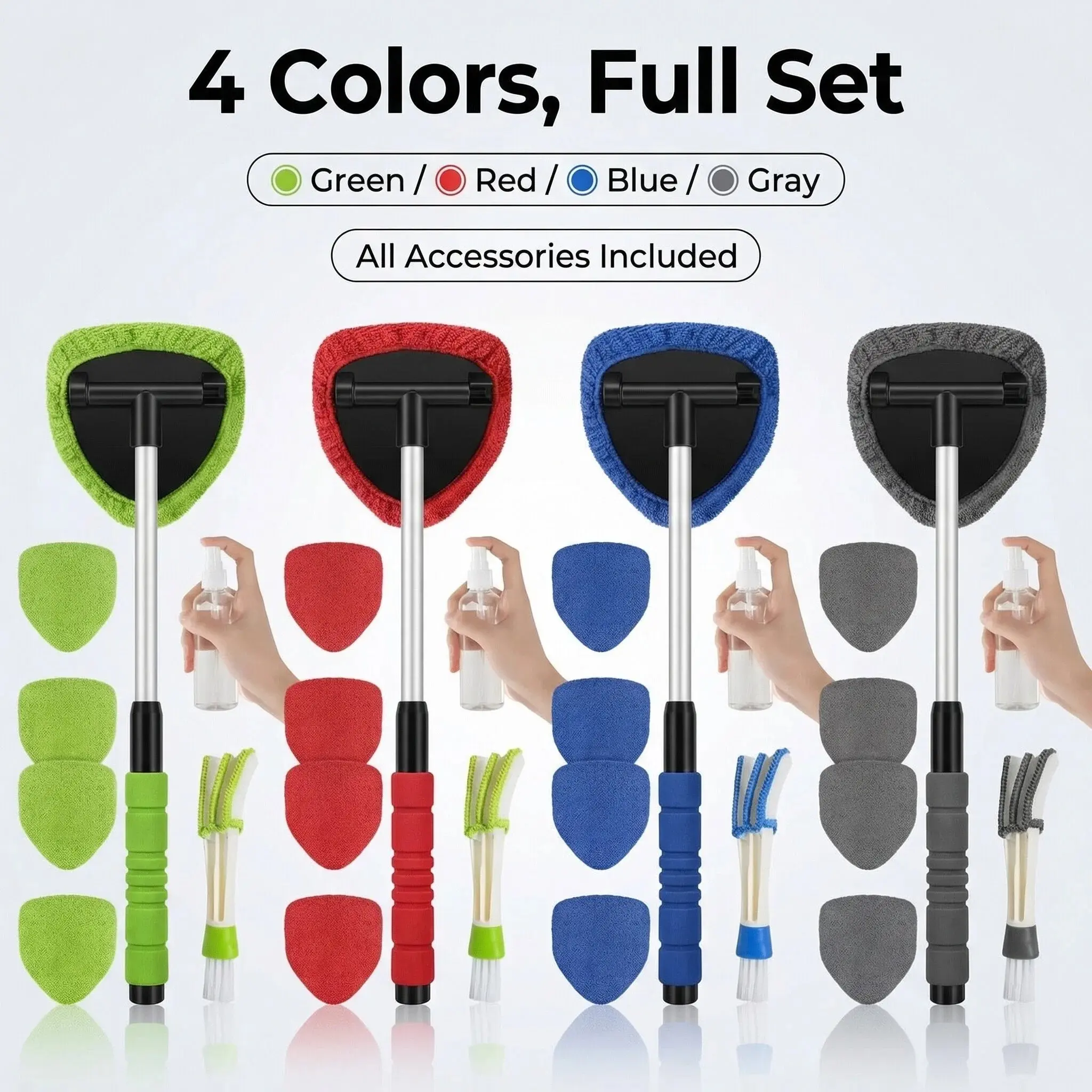 Windshield Cleaner Tool - Extendabie HandleAuto Glass Wiper Kit with 4 Reusable WashableMicrofiber Pads! Perfect for Car Interior &Exterior, Cleans Dirty Windows Easily.  Must-Have Car CleaningBrushes for Spotless Glass Telescoping
