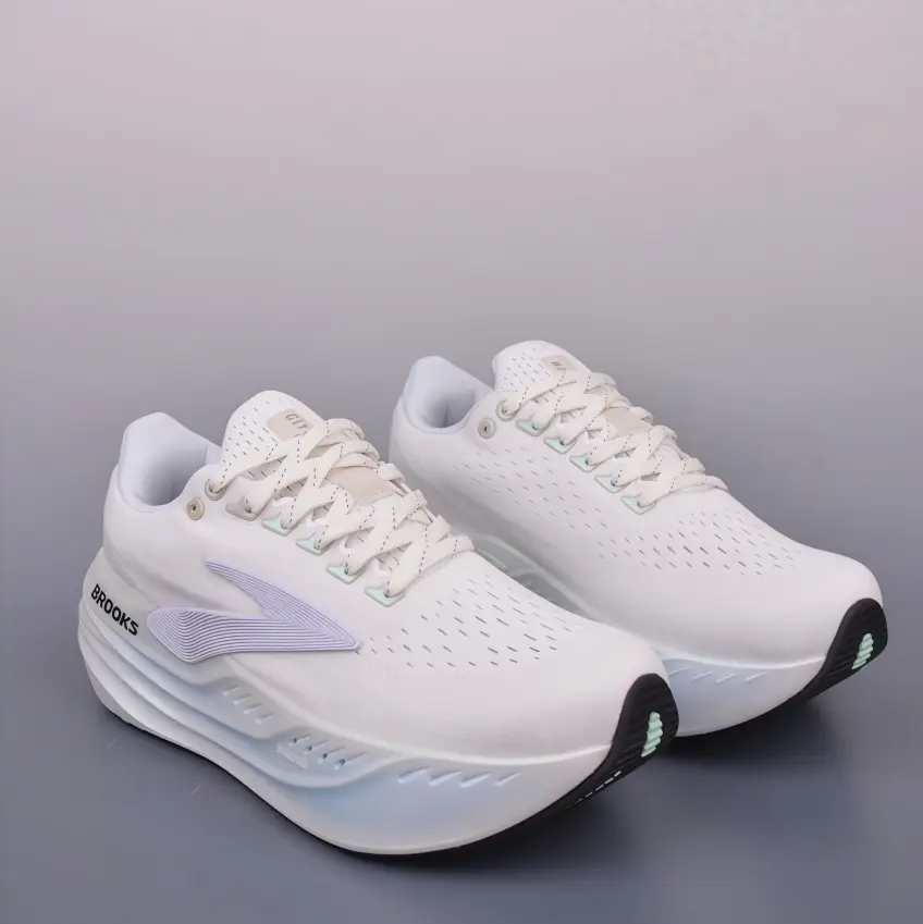 White Lavender Mint Gradient Perforated Knit Max Cushion Running Shoes, Brooks Shock Absorb Marathon Trainers, Breathable Anti-Slip Long Distance Road Sneakers For Women Jogging