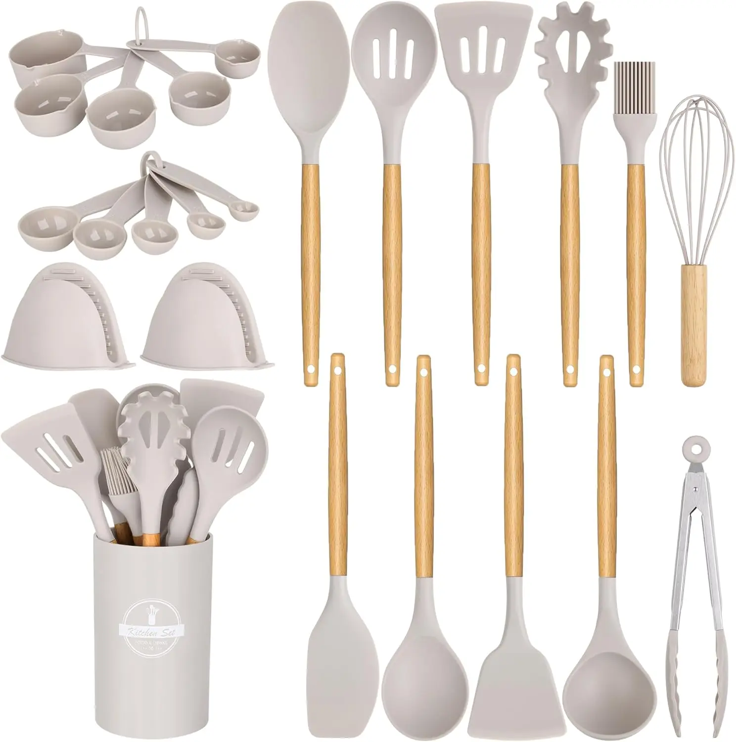 24 Pcs Silicone Kitchen Utensils Set | Heat Resistant 446°F | Non-Stick Wooden Handle Cooking Tools with Holder | Kitchen Gadgets & Accessories