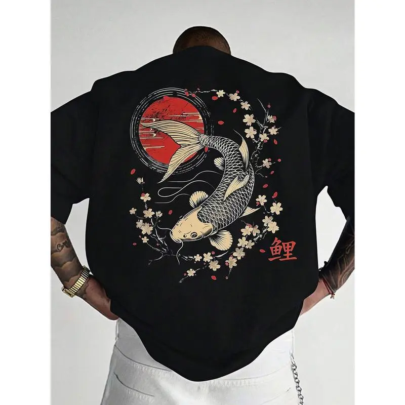Men'S Casual Golden Koi Fish & Cherry Blossom Print T-Shirt - Loose Fit, Short Sleeve, Round Neck, 100% Cotton, Summer Outdoor Wear, Relaxed Style, Summer Casual Wear | Relaxed Fit Top | Glossy Finish