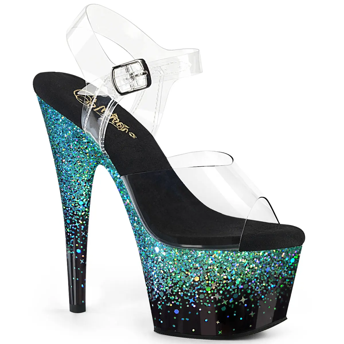 Pleaser Adore-708SS Women's Transparent Ankle Strap Sandals, 7" High Heels with Holographic Teal Gradient Platform, Pleaser High Heels