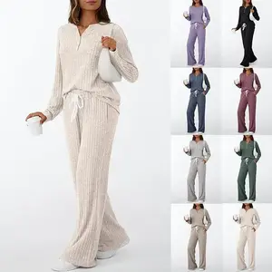 Women's two-piece casual outfit - V-neck buttoned knitted top, sweatpants, sports outfit (with pockets), home wear set