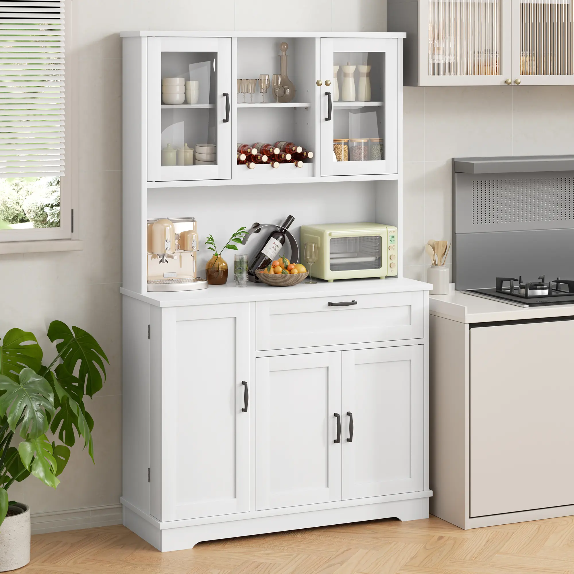 Walsunny Adjustable Kitchen Pantry Storage Cabinet, Freestanding Buffet Cabinet with Microwave Stand, 4 Door Shelves, Adjustable Shelves & Wine Rack, White
