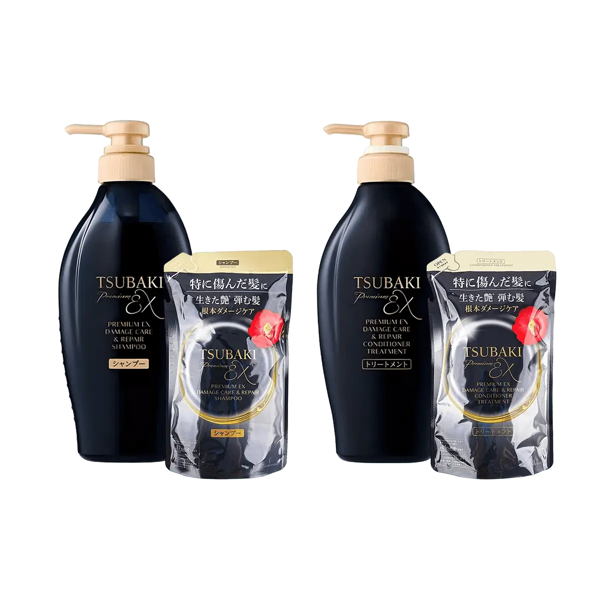 Tsubaki Black Camellia EX Shampoo & Conditioner Set - Luxury Black Ion Repair for Damaged, Permed & Colored Hair - Includes Refill (400ml*2+300ml*2)
