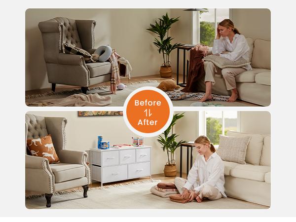 Cupboards Cabinets Dresser Fabric Storage Tower with 5 Drawers Bedroom Organizer Chest of Drawers with Fabric Bins for Bedroom Closet Entryway Large Storage Solid Stable Multifunctional Use