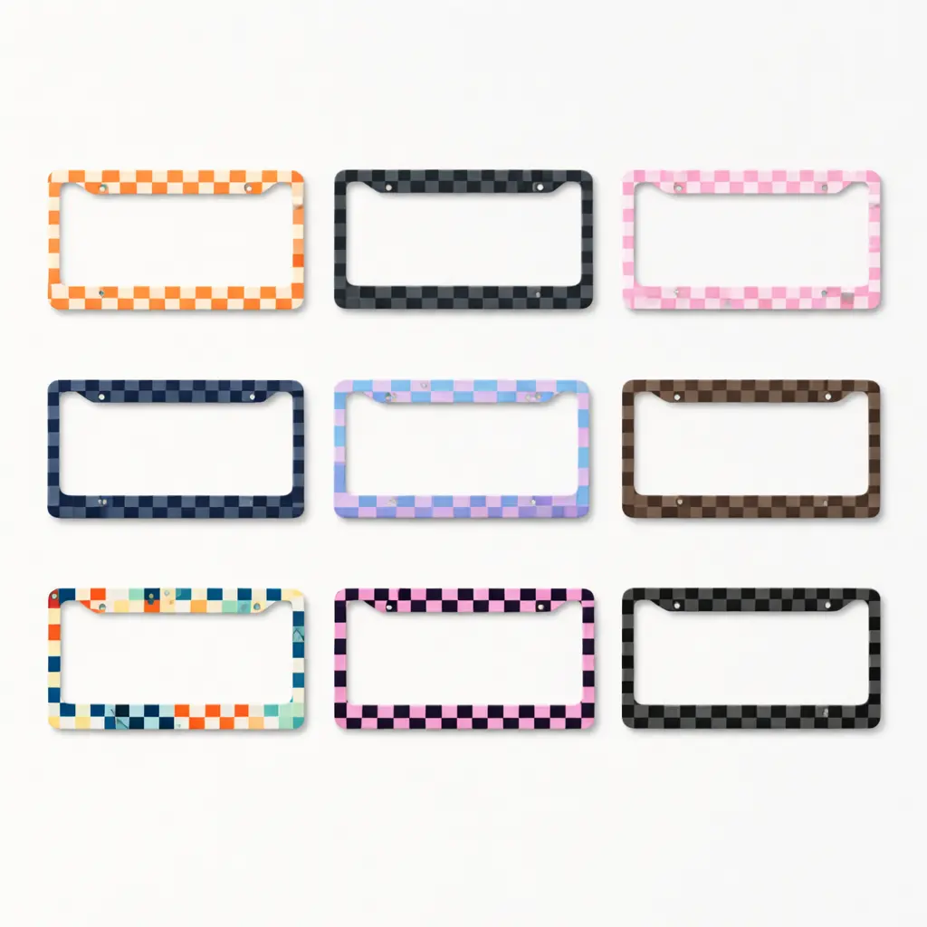 Checkerboard License Plate Frame Colorful Checkered Car Tag Holder Aesthetic Auto Plate Cover Cute Car Accessories for Women Men Vehicle Decor