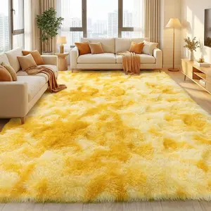 XEXSIN Large Minimalist Living Room Rugs, Super Soft Fluffy Tie-Dyed Orange Yellow Indoor Shag Carpet for Girls' Nursery, Modern Home Decor, Minimalist Rug