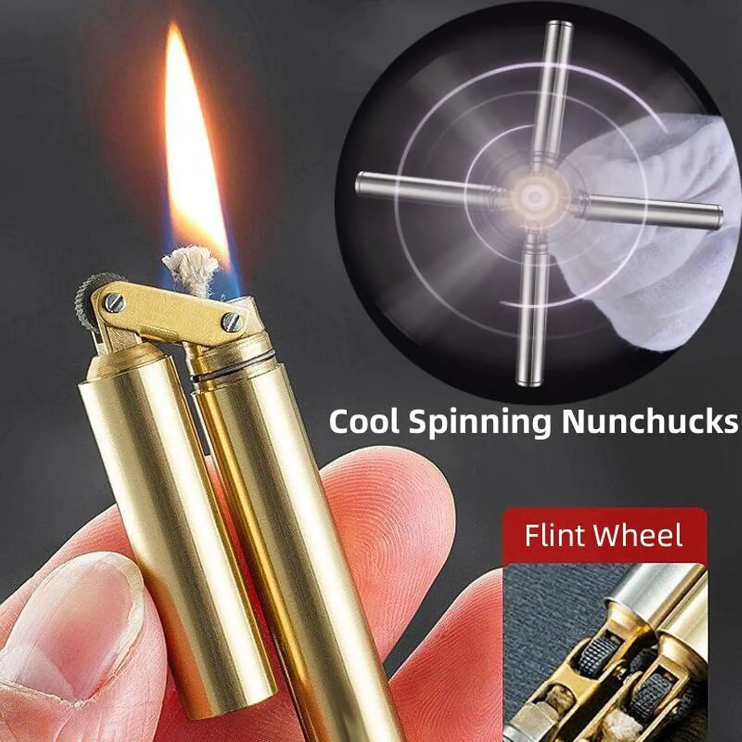 Vintage Nunchuck Kerosene Lighter - Refillable Windproof Antique Brass Pocket Lighter, Men's Accessories, Cool Home Accessory, Gift for Boyfriend/Men on Memorial Day/Thanksgiving, Companion Item (Fuel Not Included), Wheel, Comfortable