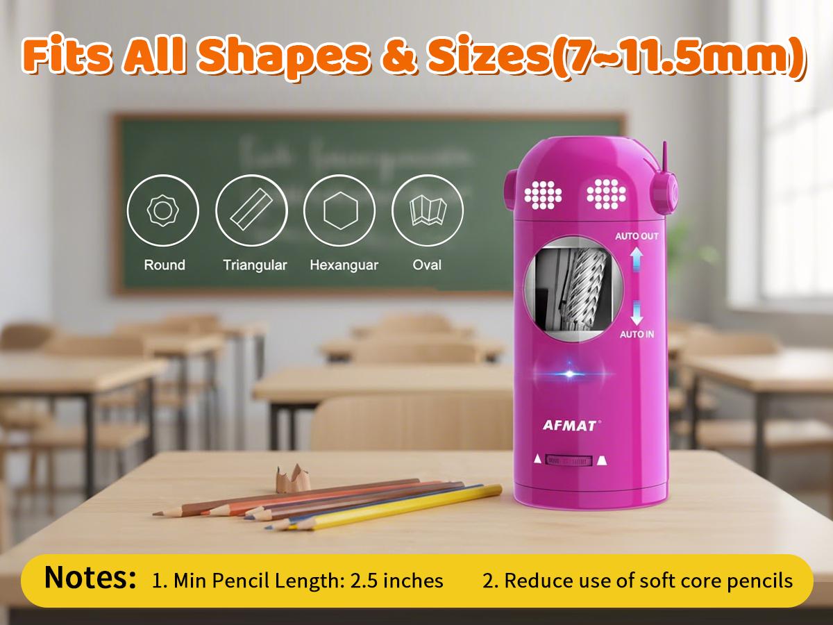 【summervibes】AFMAT Robotic Pencil Sharpener - Fully Automatic Funny Robot Design, Hands-free, Rechargeable, 3 Sharpness Settings, Kid-Safe, 7-11.5mm Large Hole, Ideal for Home, School, Teacher  Gift  adhd office accessories