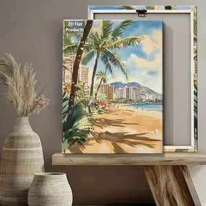 2D Flat, 1pc Watercolor Beach Scene Canvas Art Print - Retro Hawaiian Ocean View with Palm Trees & High-Rise Buildings, Perfect for Living Room, Bedroom, Office, or Kitchen Wall Decor, Beach Theme Decor, 2D Flat	