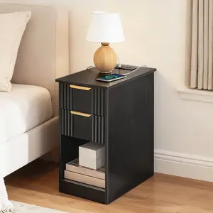HOOBRO Narrow End Table, Fluted Nightstand with 2 Drawers and Open Shelf, Built-in Charging Station, Modern Bedside Table for Small Spaces, Bedroom, Living Room, Black and Gold#SpringSale #BigSpringSale