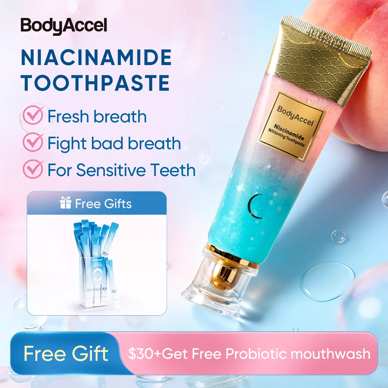 BodyAccel Triple Whitening Niacinamide Toothpaste, Fluoride-Free for Stain & Plaque Removal, Supports Gum Health, Peach Flavor, 100g, Fluoride Free Toothpaste, Nicotinamide Toothpaste