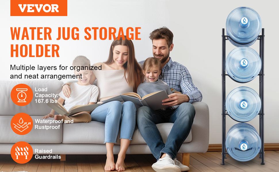 VEVOR 4 Tiers Water Jug Holder,  5 Gallon Water Bottle Holder, Single Row Water Bottle Rack for 4 Bottles, Heavy Duty Water Jug Rack for Kitchen, Office, Living Room, Black