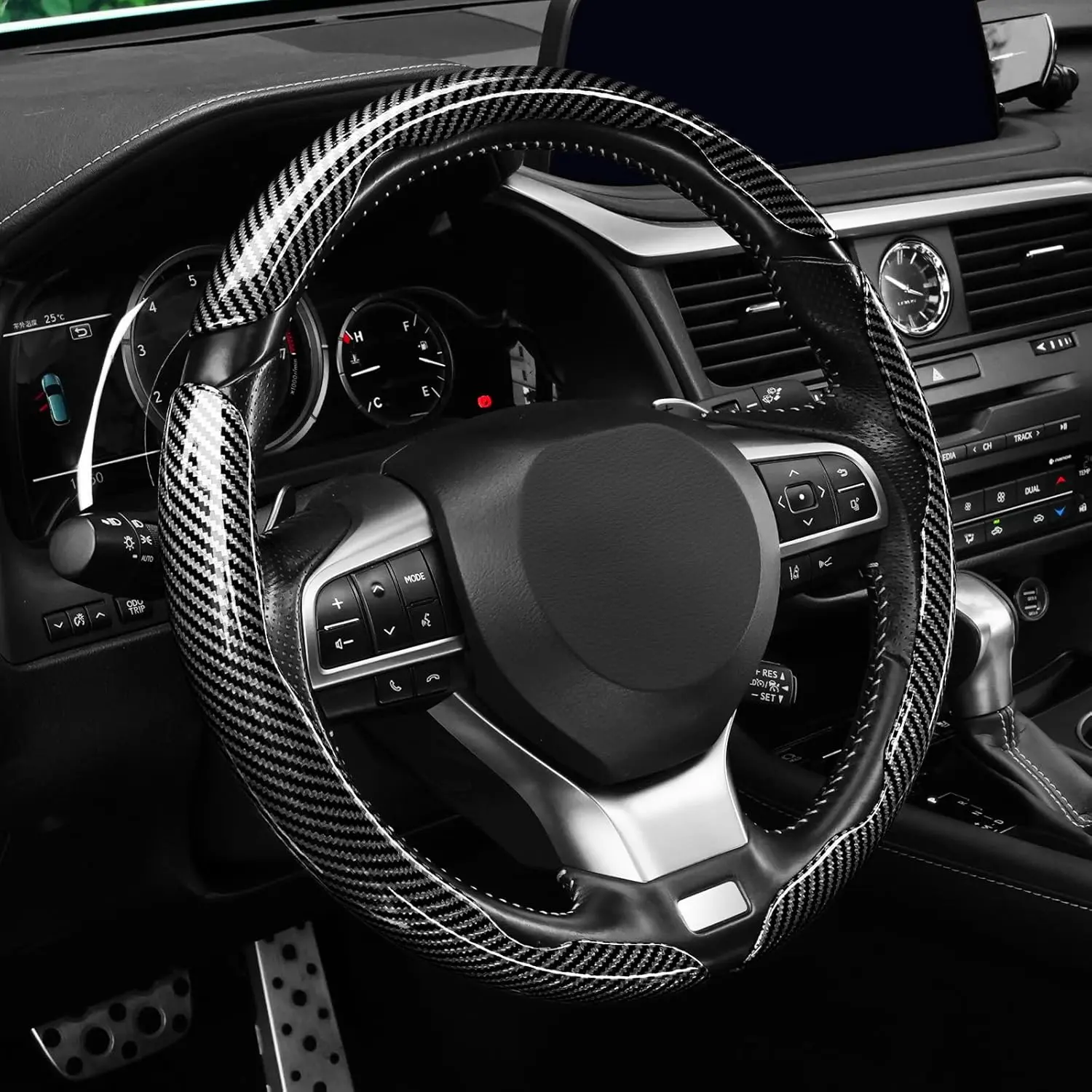 Carbon Fiber Steering Wheel Cover Set (3pcs, Black), Anti-Slip, Moisture-Proof, Wheel Protection, Universal Fit for 14-16 in Cars/SUV/Trucks