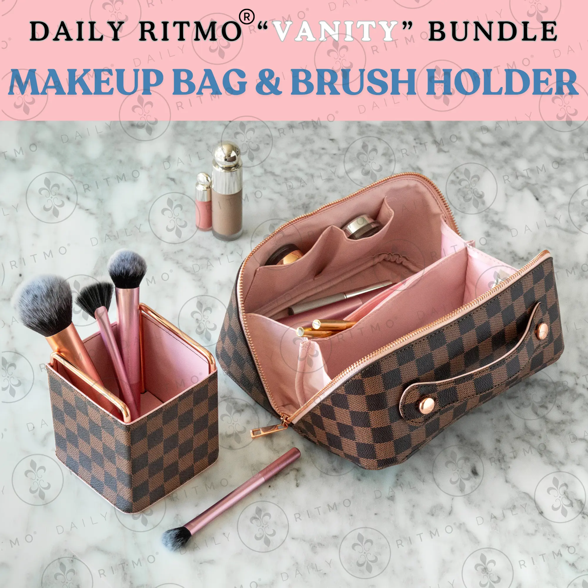 DAILY RITMO Vanity 2-Item Bundle Set - Vanity Makeup Organizer, Cosmetic Bag, Makeup Brush Holder Home Storage Bin, Makeup Organizer Pouches, Portable Cosmetic Pouch