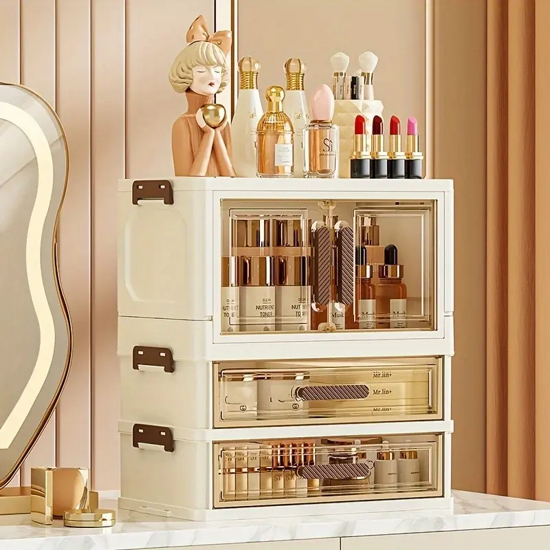 Three/ Four Floors Foldable Large Capacity Cosmetic Storage Cabinet with Transparent Drawers Stackable Plastic Organizer for Makeup, Skincare, Documents, And Books, Retro Style White Golden Design, Home Organization Elegant Aesthetic, Girl Gift
