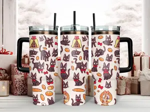 Studio Ghibli Kiki's Delivery Service 40oz Tumbler with Handle | Cute Jiji the Cat Anime Travel Mug with Straw | Insulated Fan Merch Gift Idea