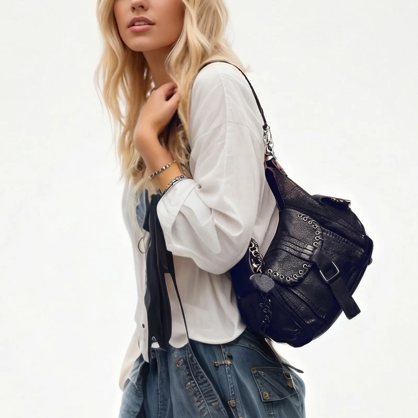 Women's Fashionable Daily Crossbody Bag, Vintage Slouchy Tote in Distressed Vegan Leather, Lightweight with Dual Adjustable Straps & Exterior Pockets, Crossbody Or Hand, Vegan Leather Charm
