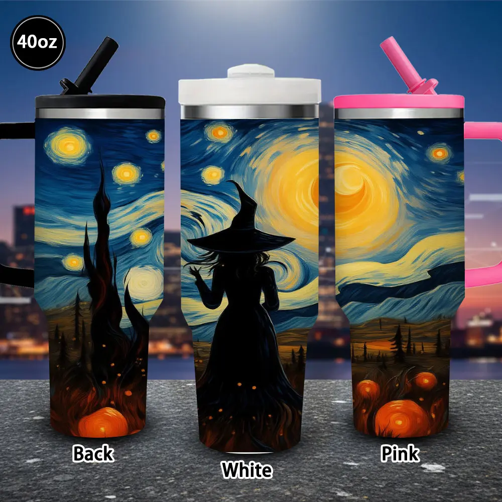 1 pc 40 oz Starry Night Witch Tumbler with lid and straw, winter insulated travel mug, gift for women and men, ideal for Valentine’s Day, Easter, birthday gifts, iced/hot coffee cup