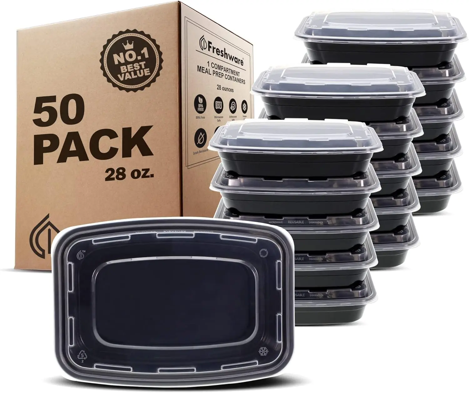 FRESHWARE 50-Pack 28oz BPA-Free Solid Plastic Food Containers - 1 Compartment, Stackable Airtight, Leak-Proof, Shatter-Proof, Reusable Lidded, Reheat & Freeze Safe, Hygienic BPA Free Compartments for Fridge Organization, School Lunches (Work Meals)