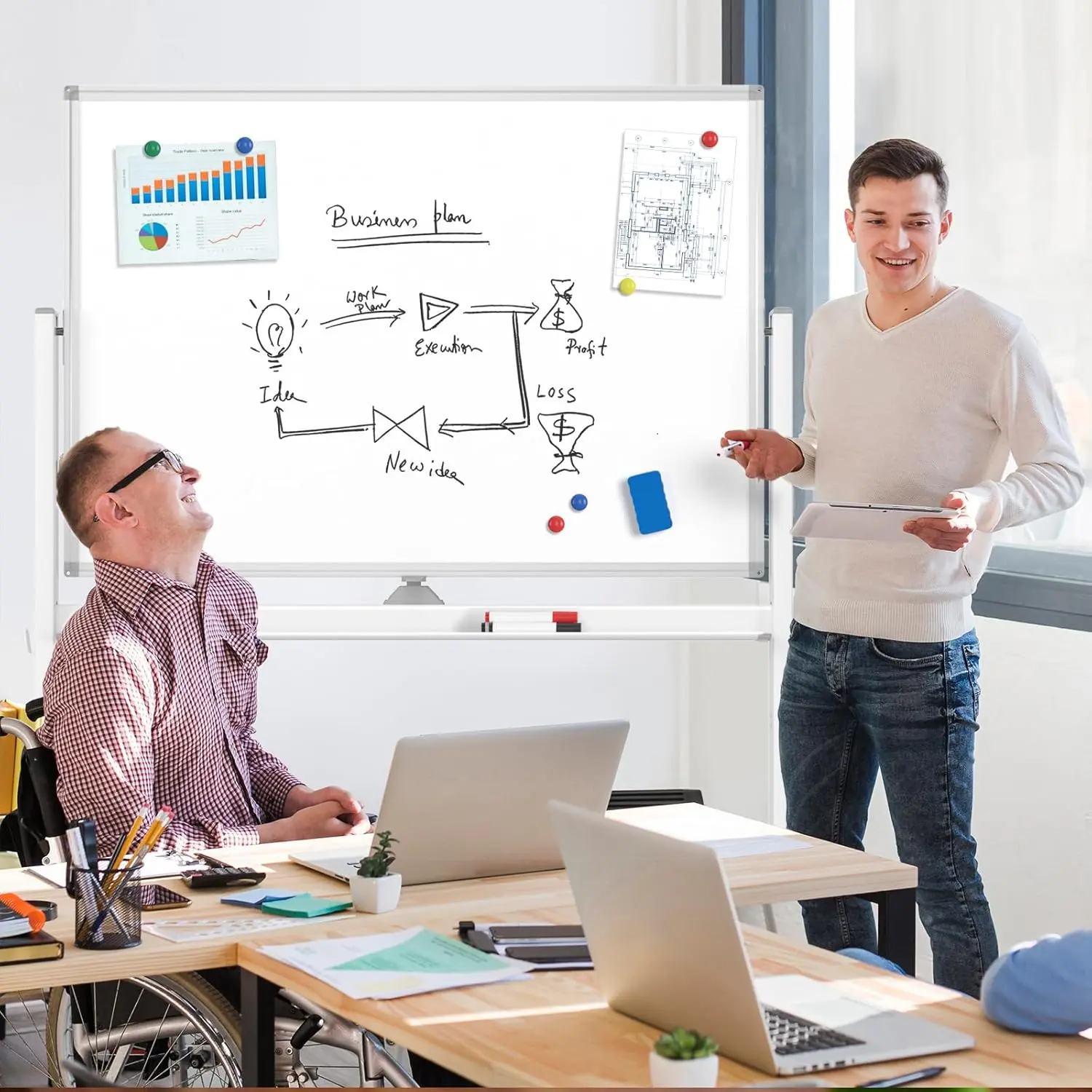 MaxGear Rolling Whiteboard - 48x32in Double-Sided Magnetic Dry Erase Board with Metal Frame, ABS Corners, Locking Casters, Height-Adjustable Wheels, Quick Assembly, Sturdy Construction for Teachers - Office, Classroom Use