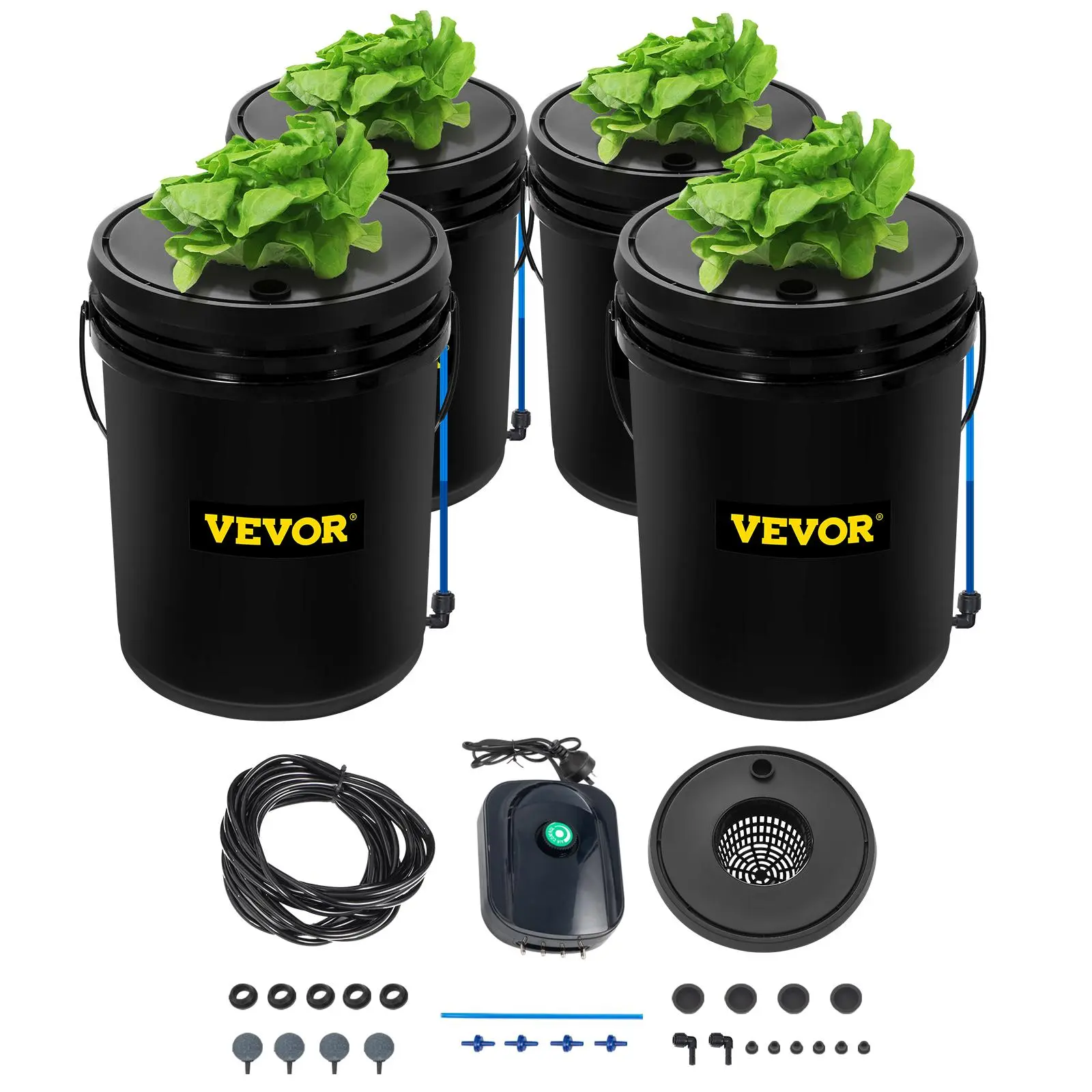 【SummerFinds】VEVOR DWC Hydroponic System,  , 5 Gallon 4 Buckets, Deep Water Culture Growing Bucket, Hydroponics Grow Kit with Pump, Air Stone and Water Level Device, for Indoor/Outdoor Leafy Vegetables