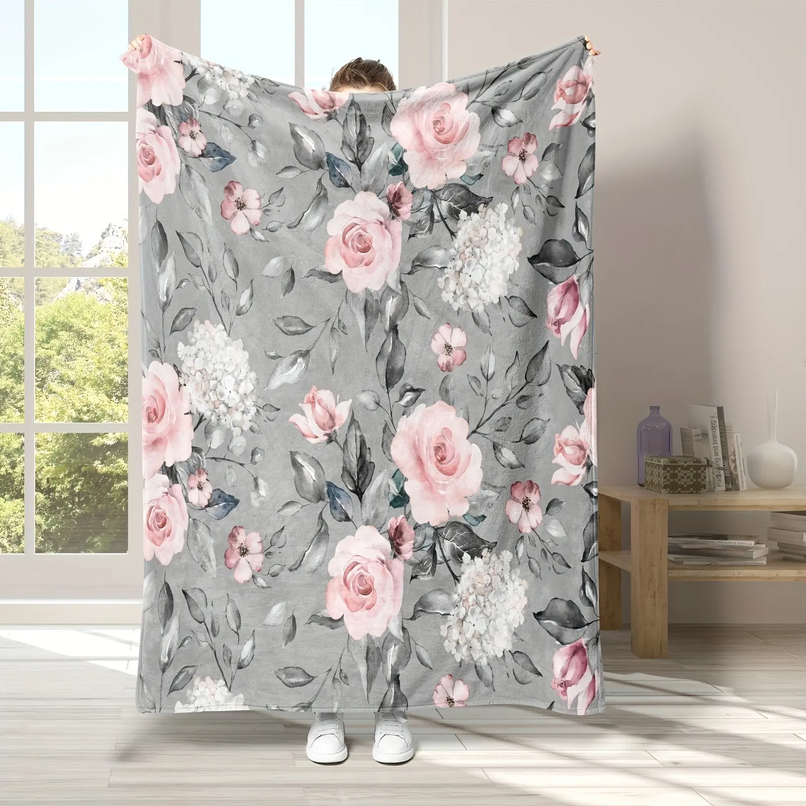 Aesthetic Blush Pink Rose Floral Soft Fluffy Flannel Blanket, Watercolor Botanical Print Plush Throw, Warm Bed/Sofa Blanket, Women’s Home Decor Gift for Birthday Housewarming, Soft Fluffy Blanket