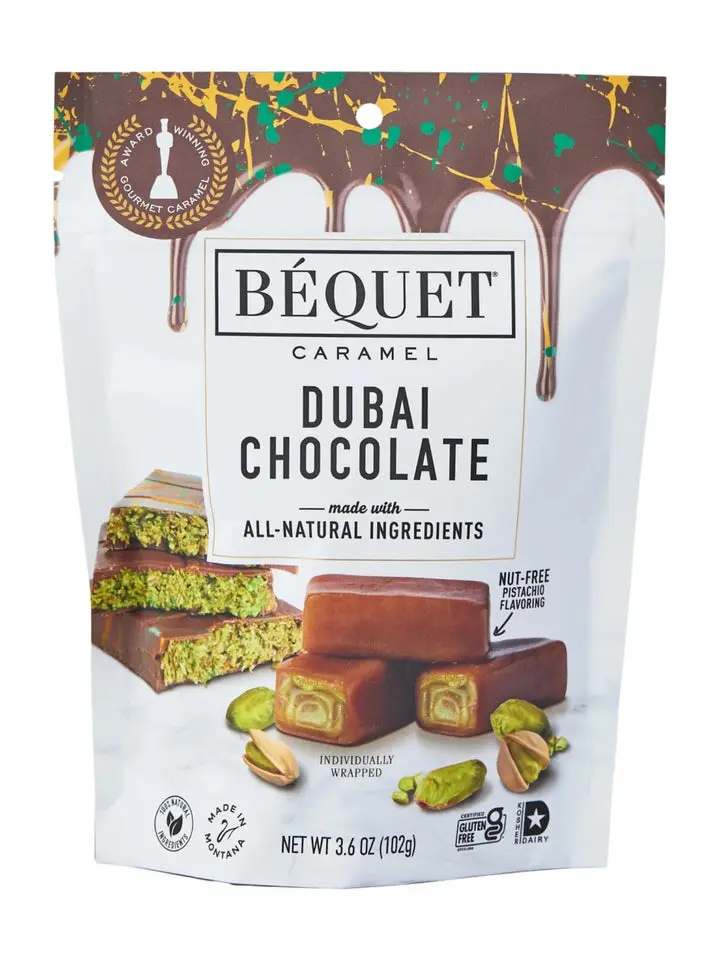 BEQUET Dubai-Style Pistachio Flavor Chocolate Caramel Candy Chocolate, 3.6 oz Gluten-Free Kosher Individual Packs Sweet Snack Dessert