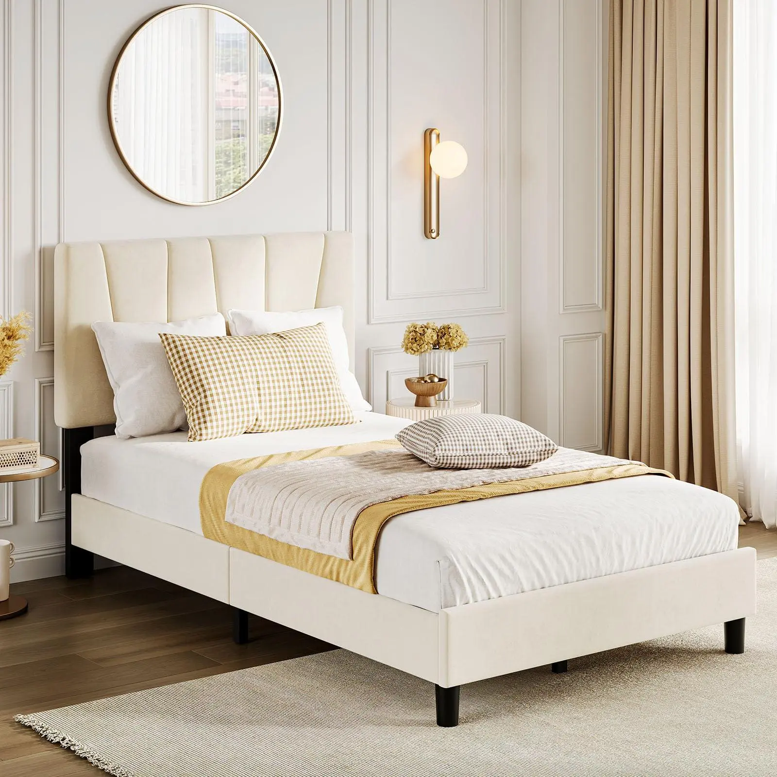 Gaomon Twin Size Velvet Contemporary Upholstered Bed Frame - Adjustable 39.4-43.3in Headboard, Low Profile, Wooden Slat Support, Quick Set-Up, No Box Spring Needed, 8-14in Mattress Fit, 8.3in Easy Step-In, Beige, Ideal for Guest Room/Kids' Room