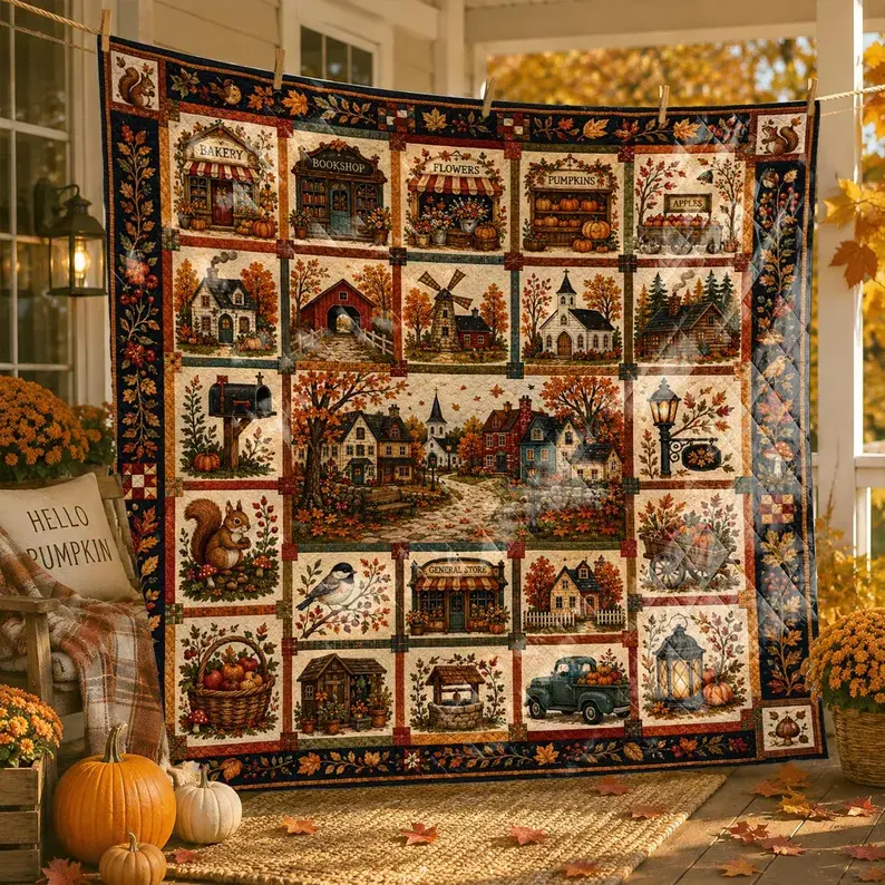 Autumn Village Quilt Blanket, Fall Patchwork Throw, Cozy Harvest Farmhouse Blanket, Rustic Small Town Cottagecore Gift, Retro Halloween Decor All Seasons Blankets Throw Blanket Birthday Anniversary Holiday Christmas Halloween